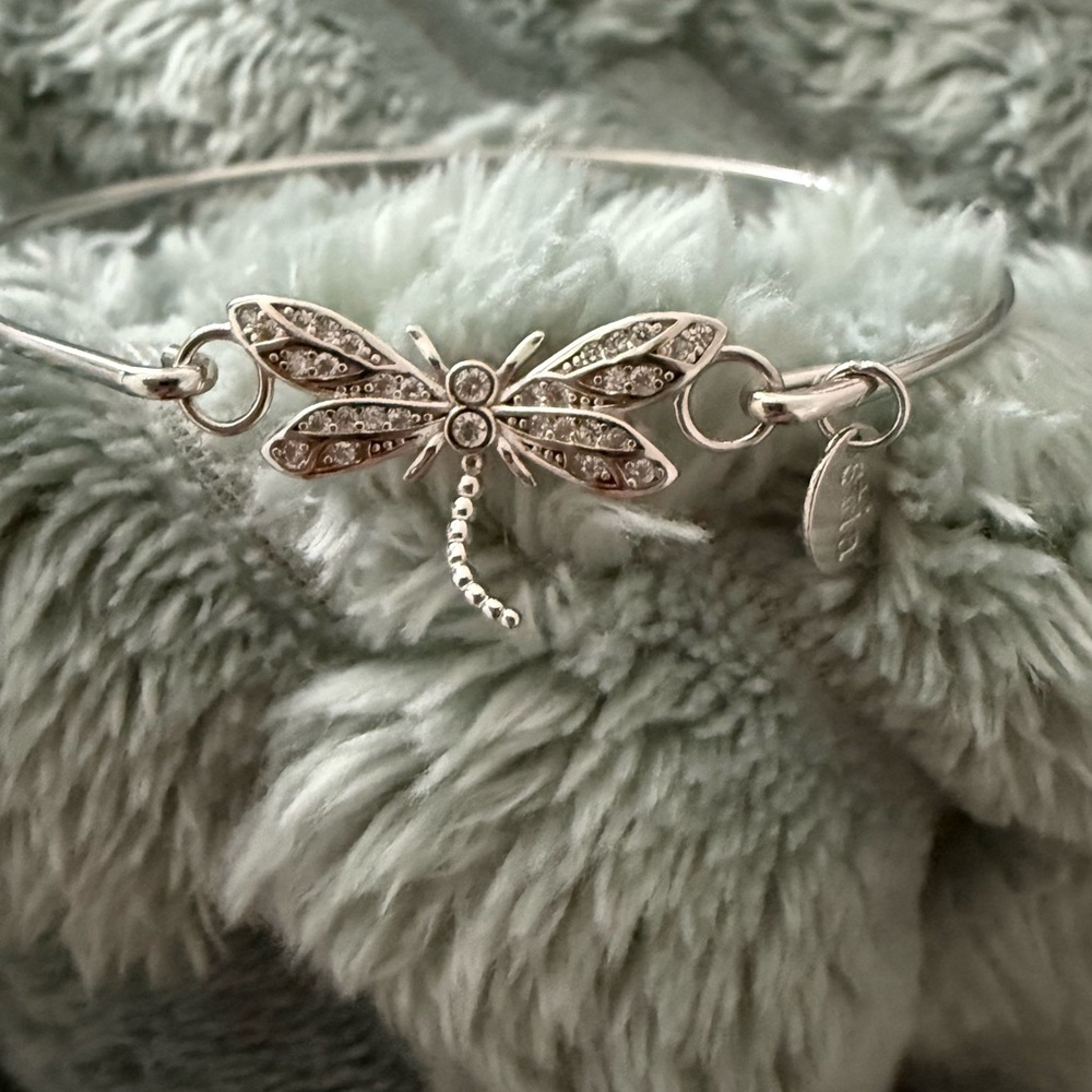 Sterling Silver Dragonfly Bangle Bracelet with Crystal Accents